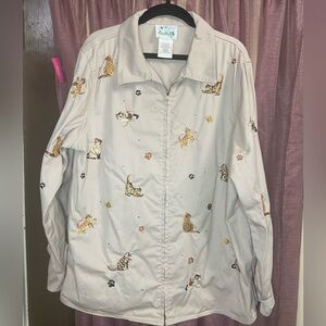 Vintage Quacker Factory Beige Jacket w/ Embroidered Cats + Rhinestones